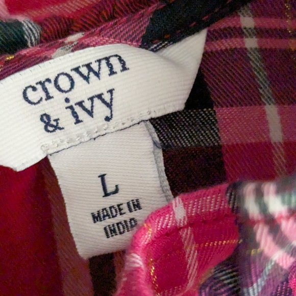 Crown & Ivy red pink gold foil polka dots ruffled long balloon sleeve top sz L - Picture 9 of 10